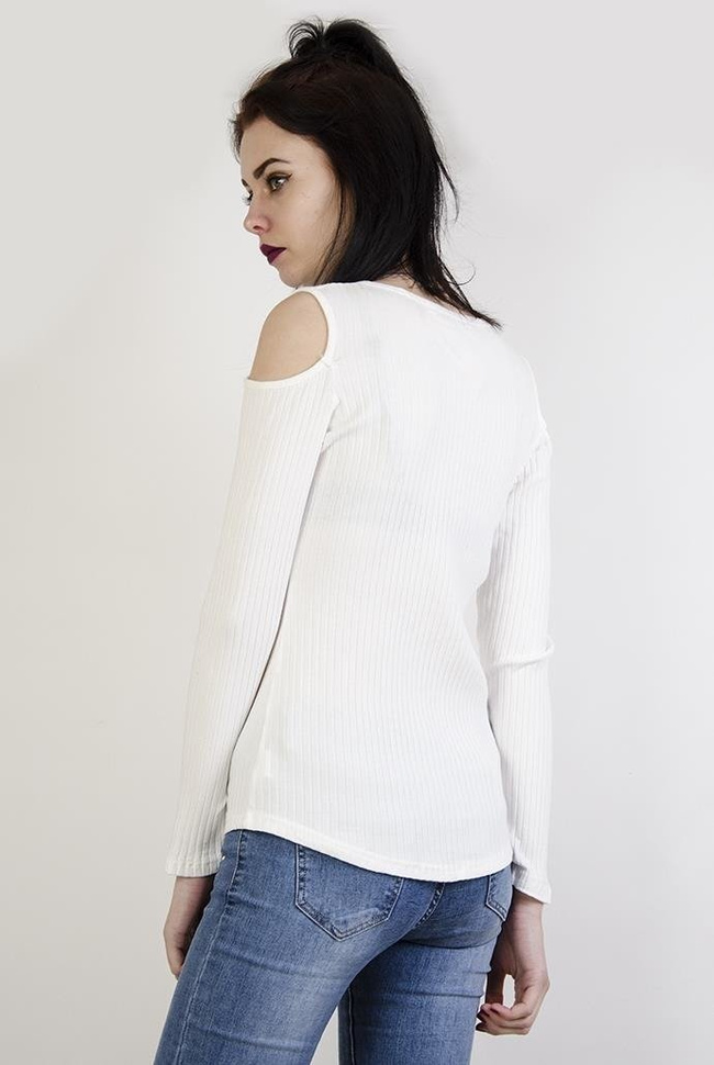 Biała prążkowana bluzka z wycięciami na ramionach