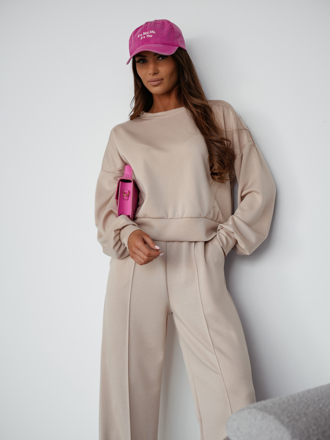 KOMPLET MASEŁKO BLUZA + SPODNIE Z SZEROKĄ NOGAWKĄ- BEŻOWY