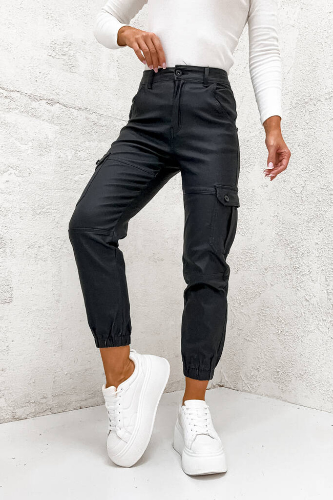 SPODNIE BOJÓWKI Z IMITACJI SKÓRY- CZARNE