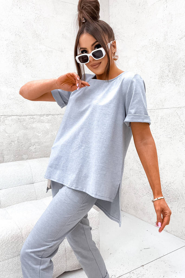 KOMPLET ASYMETRYCZNA BLUZKA+ SPODNIE Z PASKIEM- SZARY