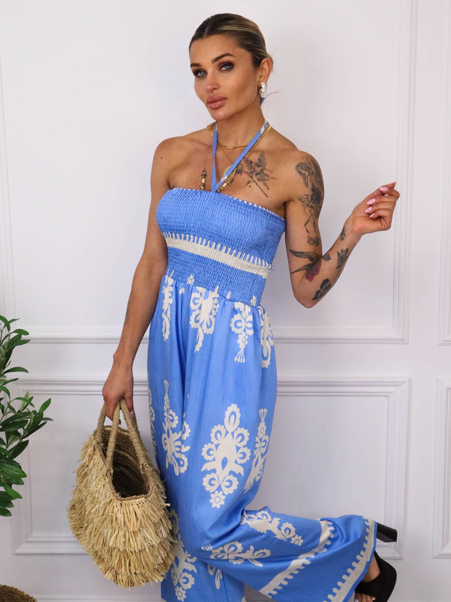 KOMBINEZON WZORZYSTY BEZ RAMIĄCZEK- NIEBIESKI