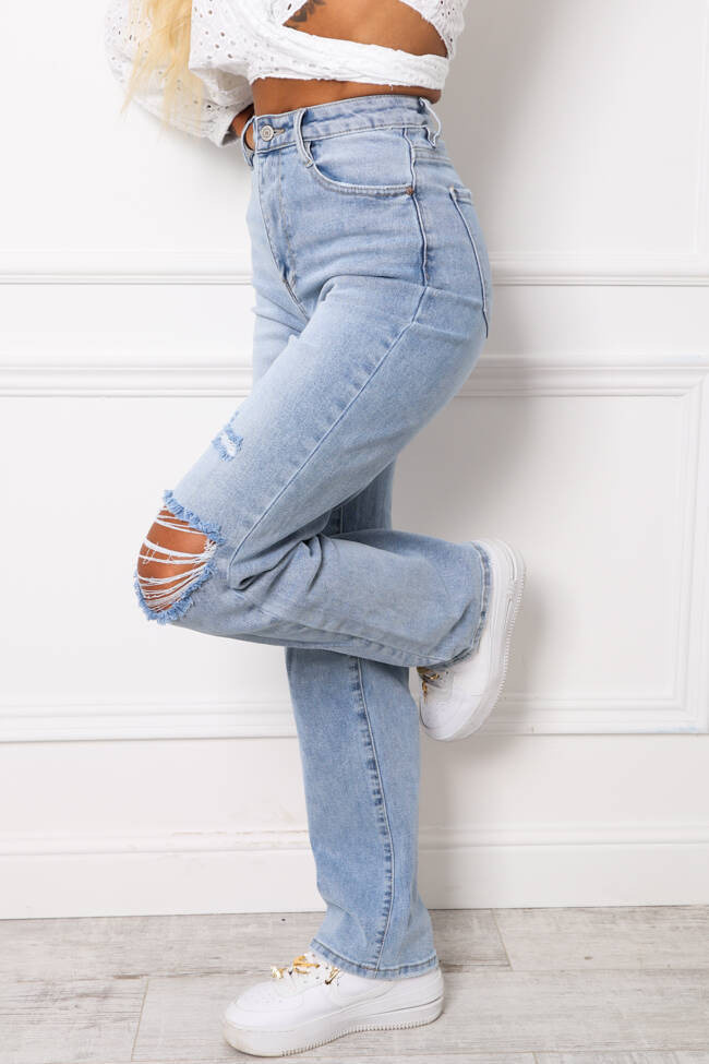 SPODNIE JEANSOWE Z WYSOKIM STANEM I DZIURAMI NA KOLANACH