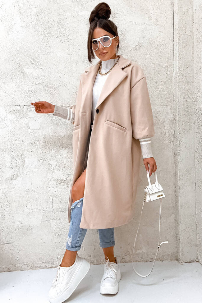 BEŻOWY PŁASZCZ ZE ŚCIĄGACZAMI PRZY RĘKAWACH