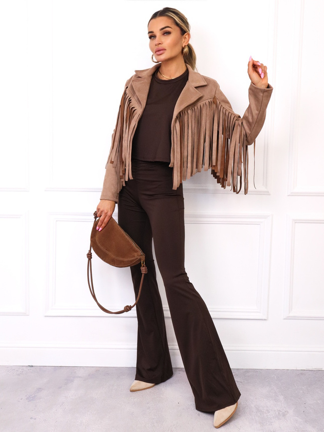 KURTKA Z IMITACJI ZAMSZU Z FRĘDZLAMI- JASNOBRĄZOWA