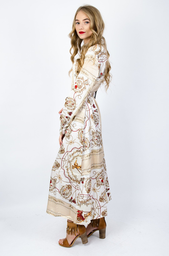 BEŻOWA SATYNOWA SUKIENKA WE WZORY