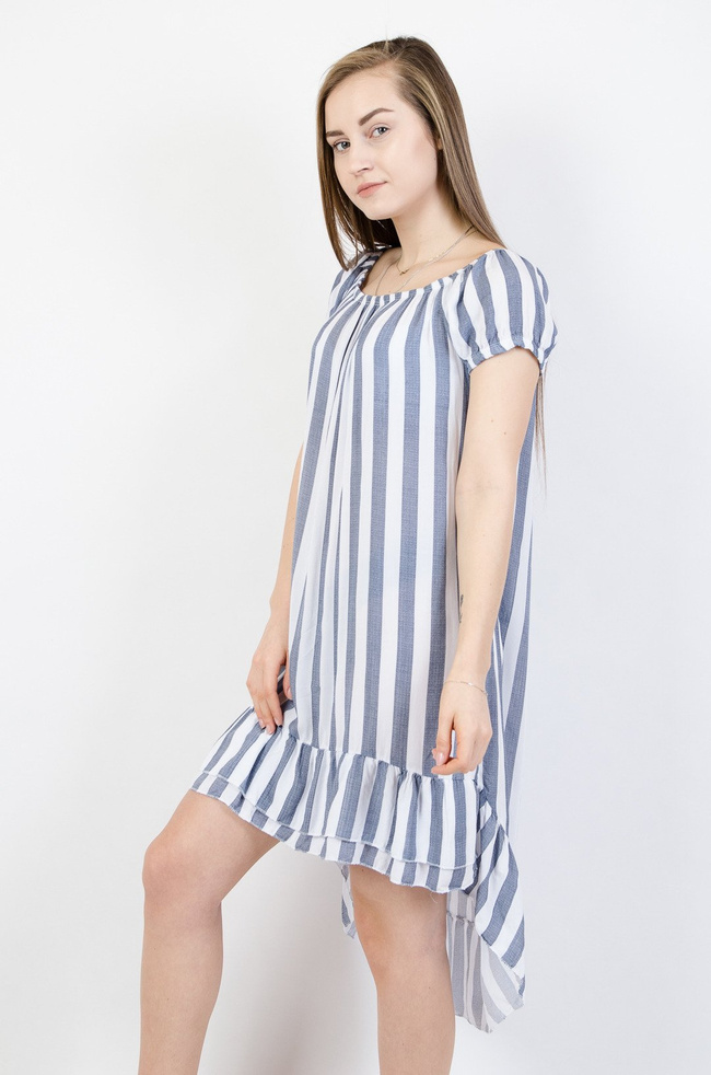 ASYMETRYCZNA SUKIENKA W BIAŁO GRANATOWE PASKI