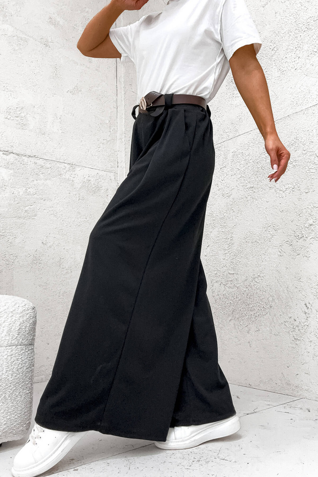 SZEROKIE SPODNIE ONESIZE Z WYSOKIM STANEM I PASKIEM- CZARNE