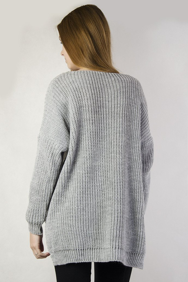 Asymetryczny, szary sweter z dekoltem "V"