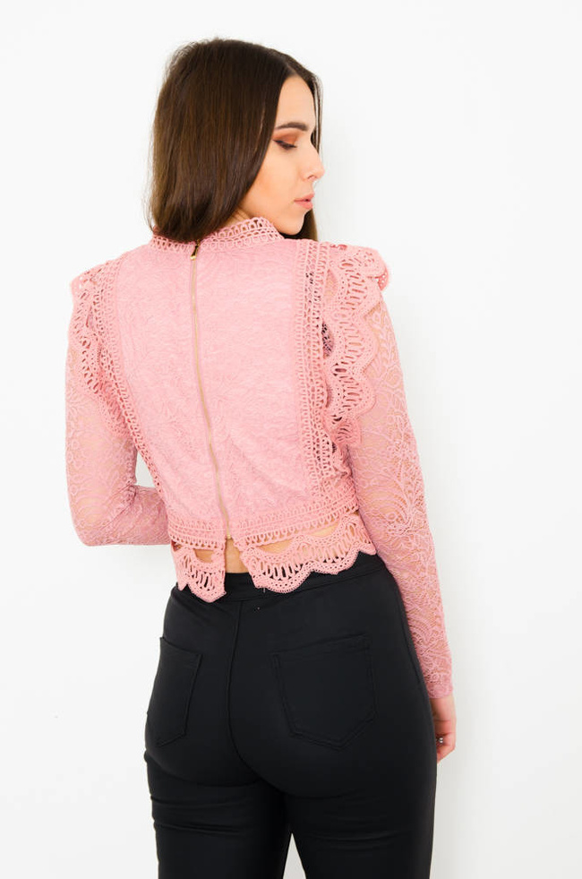 Różowa koronkowa bluzka z zamkiem na plecach