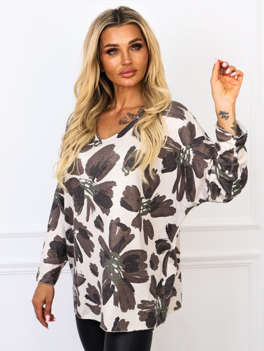 BLUZKA NIETOPERZ Z DEKOLTEM W SEREK I WZOREM W ZIELONE KWIATY