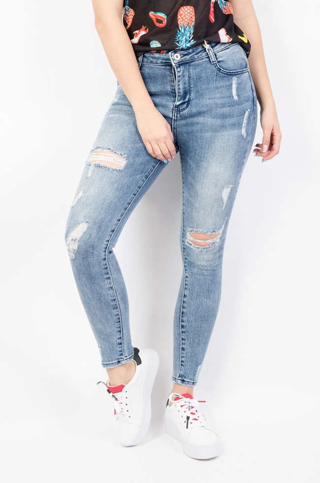 JASNE SPODNIE JEANSOWE Z DZIURAMI- WYSOKI STAN