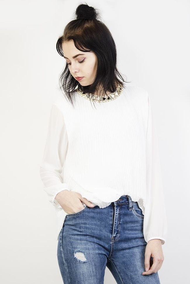 Biała szyfonowa, bluzka koszulowa, plisowana