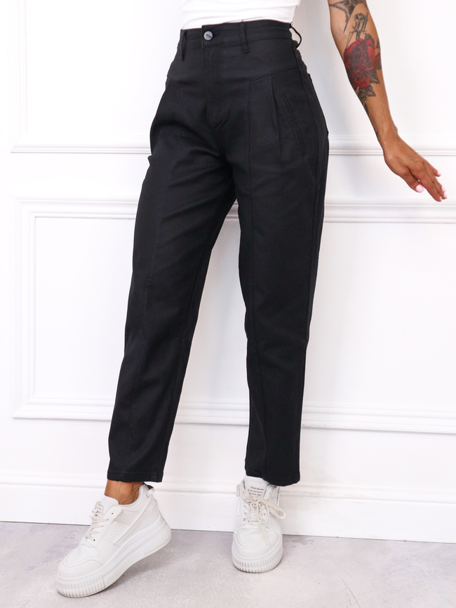 SPODNIE WOSKOWANE MOM FIT Z OZDOBNYMI PRZESZYCIAMI-CZARNE