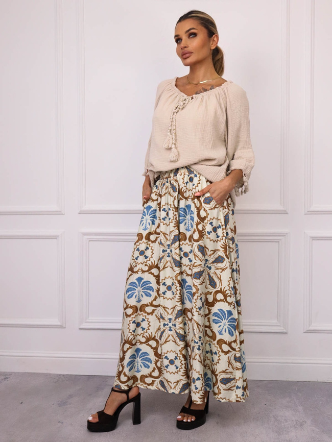 SPÓDNICA MAXI WZORZYSTA Z GUMĄ W PASIE- BRĄZOWA