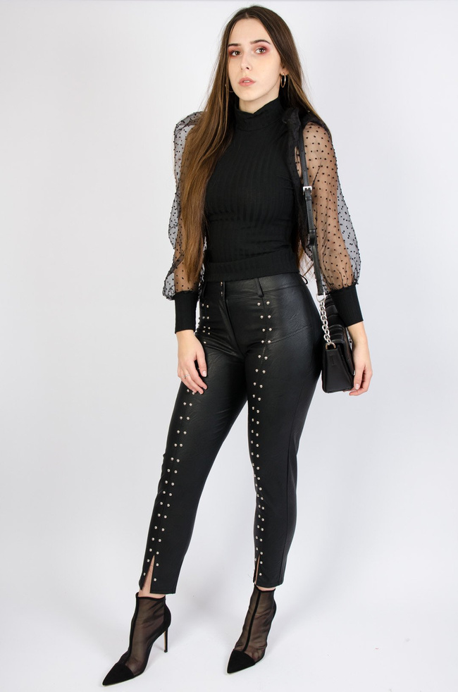 CZARNE WOSKOWANE SPODNIE Z DŻETAMI