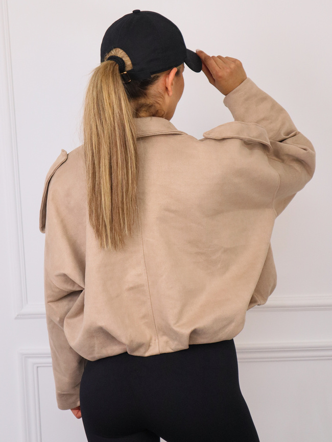 KURTKA OVERSIZE Z IMITACJI ZAMSZU ZAPINANA NA ZAMEK- BEŻOWA