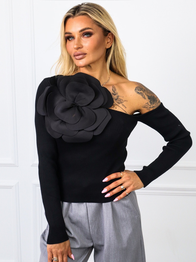 BLUZKA PRĄŻKOWANA NA JEDNO RAMIE Z DUŻYM KWIATEM- CZARNA