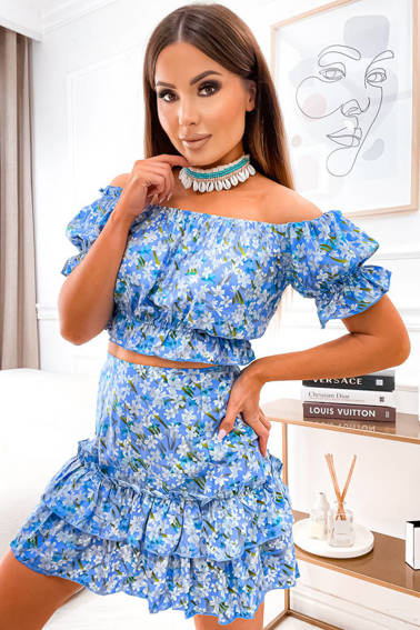 KOMPLET W KWIATY BLUZKA HISZPANKA+ SPÓDNICA - NIEBIESKI