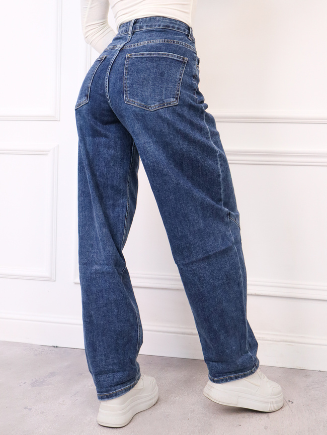 SPODNIE JEANSOWE MOM FIT Z PRZESZYCIAMI- GRANATOWE