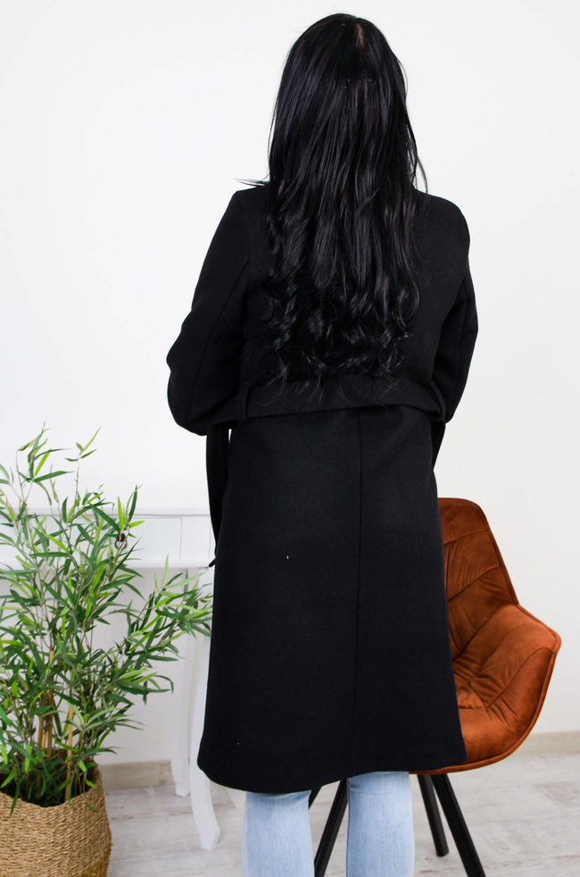 DŁUGI CZARNY TALIOWANY PŁASZCZ