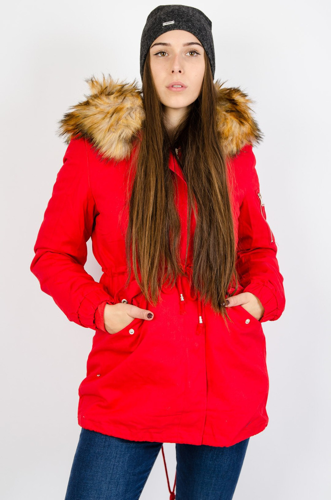Czerwona kurtka parka z doczepianym futerkiem