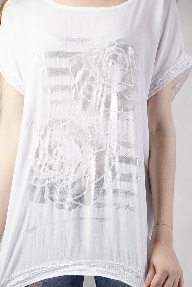 Biała bluzka ze srebrnym nadrukiem