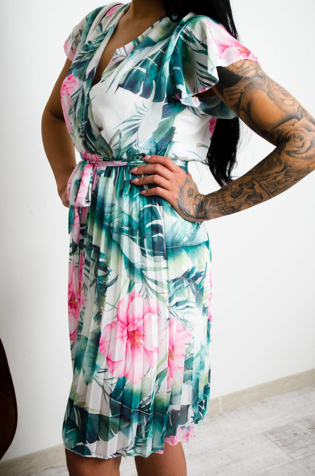 BIAŁA SUKIENKA W ZIELONO-RÓŻOWE KWIATY DEKOLT W ZAKAKŁADKĘ