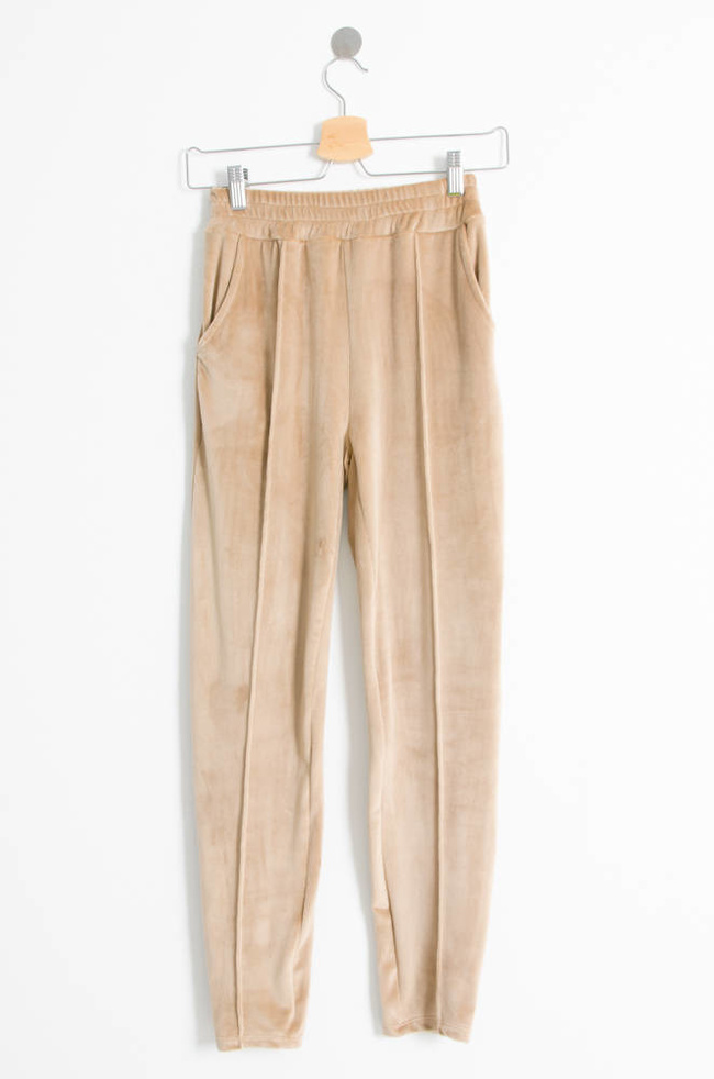 BEŻOWE WELUROWE SPODNIE Z PRZESZYCIEM WZDŁUŻ NOGAWKI