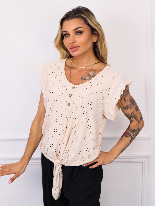 BLUZKA AŻUROWA Z WIĄZANIEM I GUZIKAMI- BEŻOWA