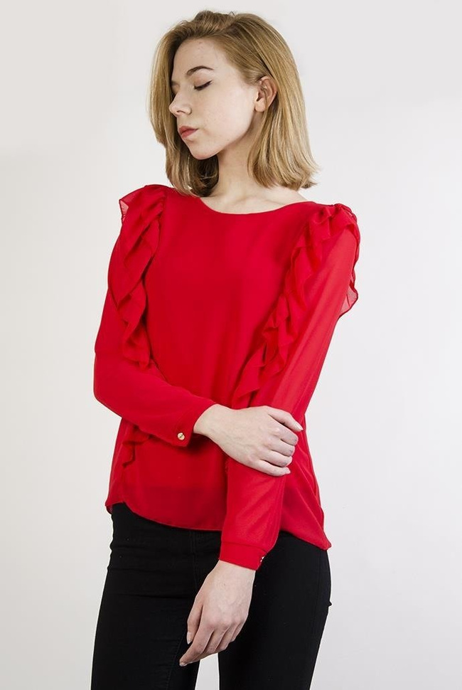 Czerwona bluzka z falbankami po bokach