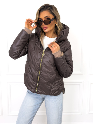 ASYMETRYCZNA KURTKA PRZEJŚCIOWA Z KAPTUREM I ŚCIĄGACZAMI PO BOKACH-CZEKOLADOWA