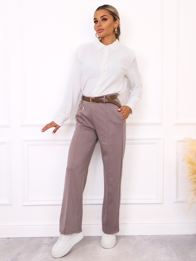 SPODNIE MATERIAŁOWE Z SZEROKIMI NOGAWKAMI+ PASEK- CAPPUCCINO