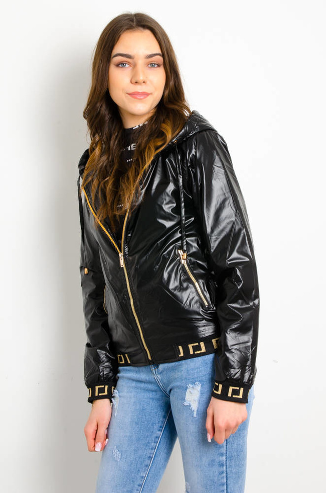 CZARNA POŁYSKUJĄCA KURTKA WIOSENNA Z KAPTUREM 