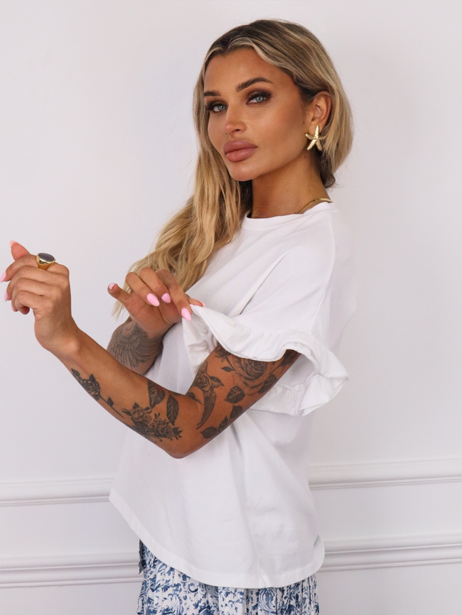 T-SHIRT OVERSIZE Z FALBANAMI NA RĘKAWACH- BIAŁY