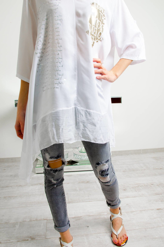 BIAŁA BLUZKA OVERSIZE , SREBRNO-ZŁOTA APLIKACJA