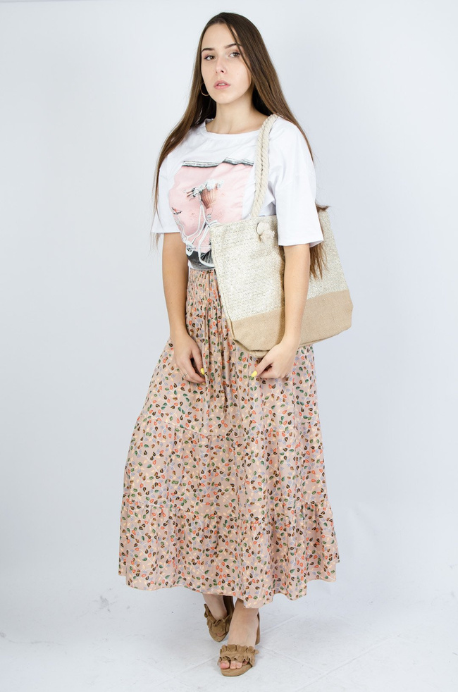 Beżowa torebka z juty przeplatana srebrną nicią