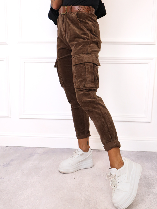 SPODNIE SZTRUKSOWE BOJÓWKI Z PASKIEM- BRĄZOWE