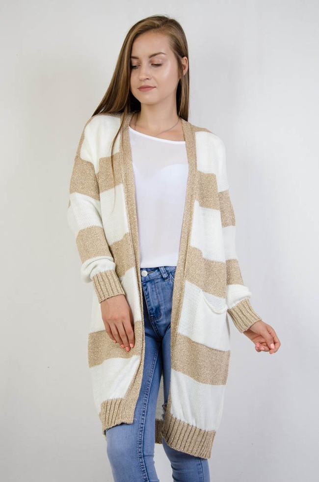 Długi biało-złoty sweter w paski