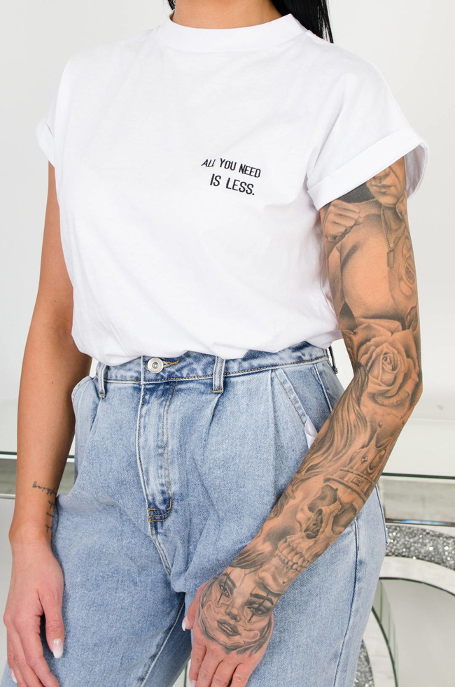BIAŁY BAWEŁNIANY T-SHIRT ALL YOU NEED IS LESS