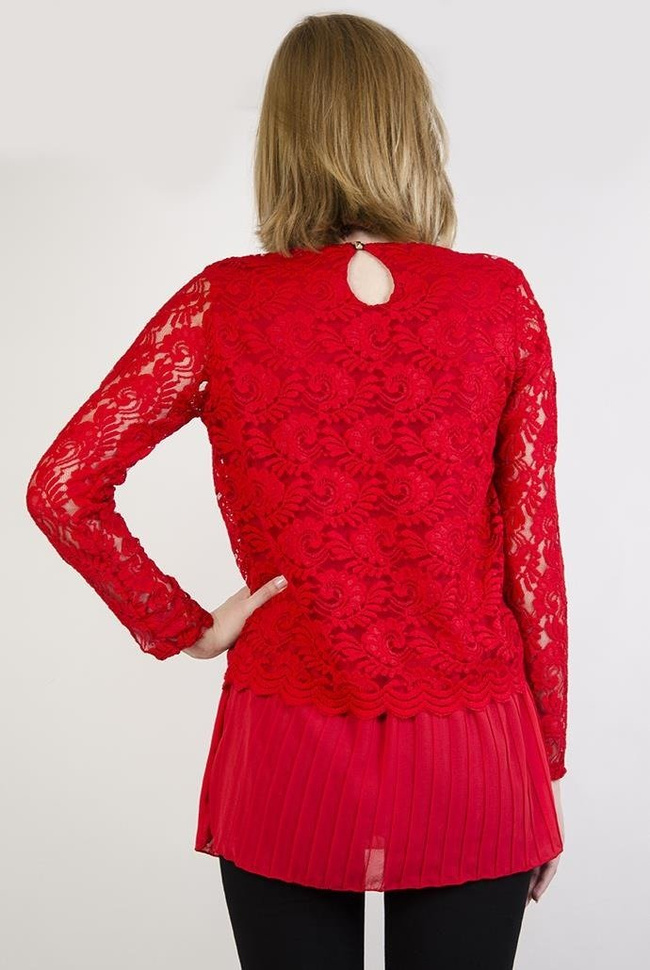 Czerwona koronkowa bluzka, z plisowanym przedłużeniem