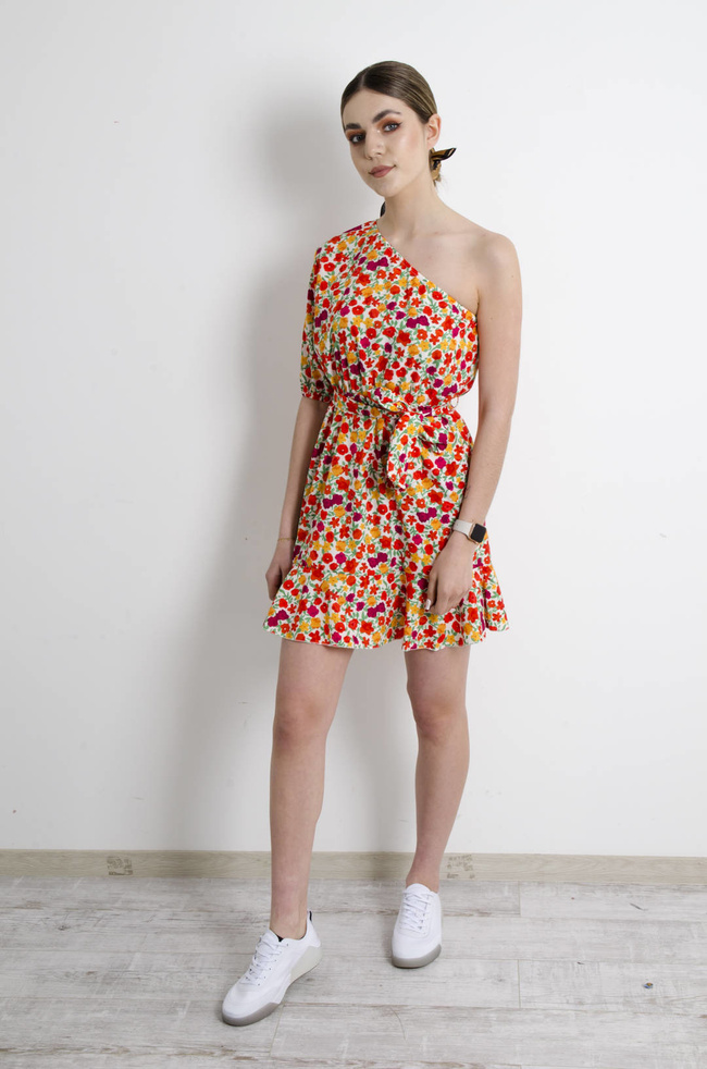 SUKIENKA W KWIATY NA JEDNO RAMIĘ -BIAŁA