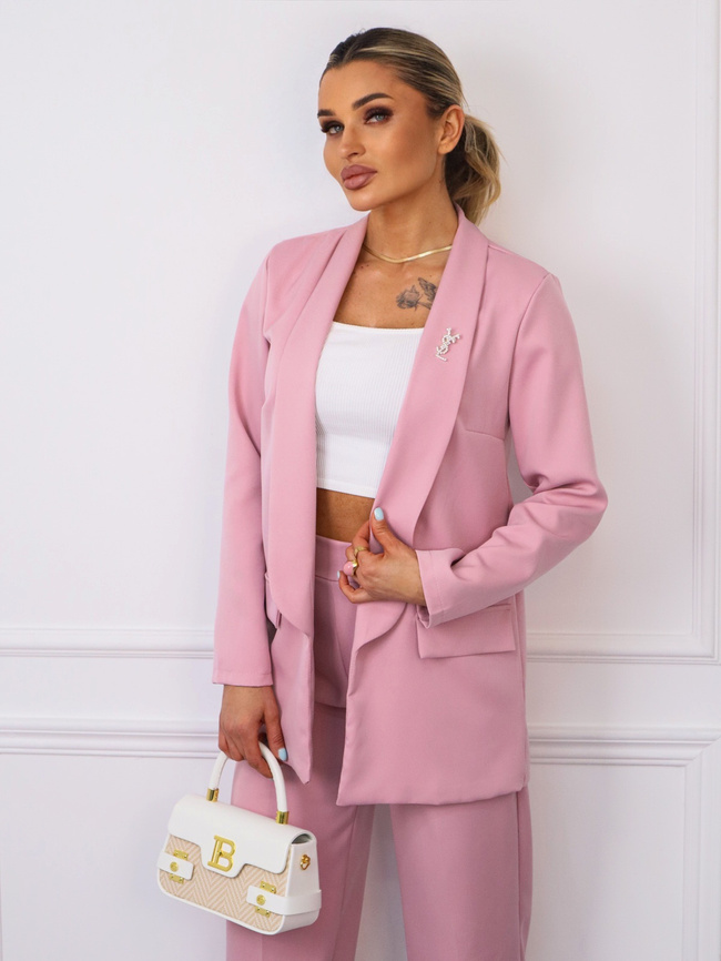 KOMPLET ELEGANCKI MARYNARKA+ SPODNIE- BROSZKA GRATIS- PUDROWORÓŻOWY