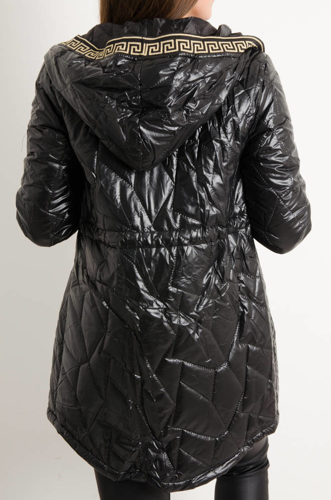 KURTKA ASYMETRYCZNA PIKOWANA WIĄZANA W PASIE- CZARNA