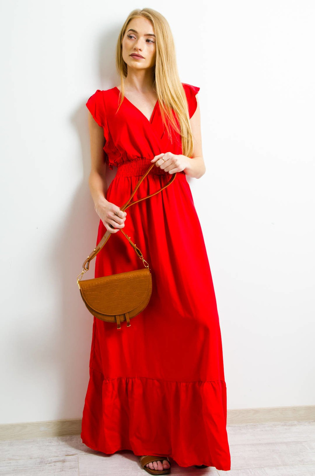 DŁUGA CZERWONA SUKIENKA Z KOPERTOWYM DEKOLTEM