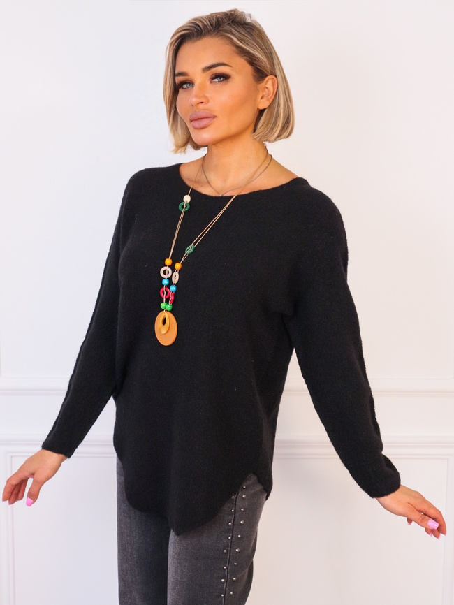 SWETER JEDNOLITY DZIANINOWY Z NASZYJNIKIEM- CZARNY