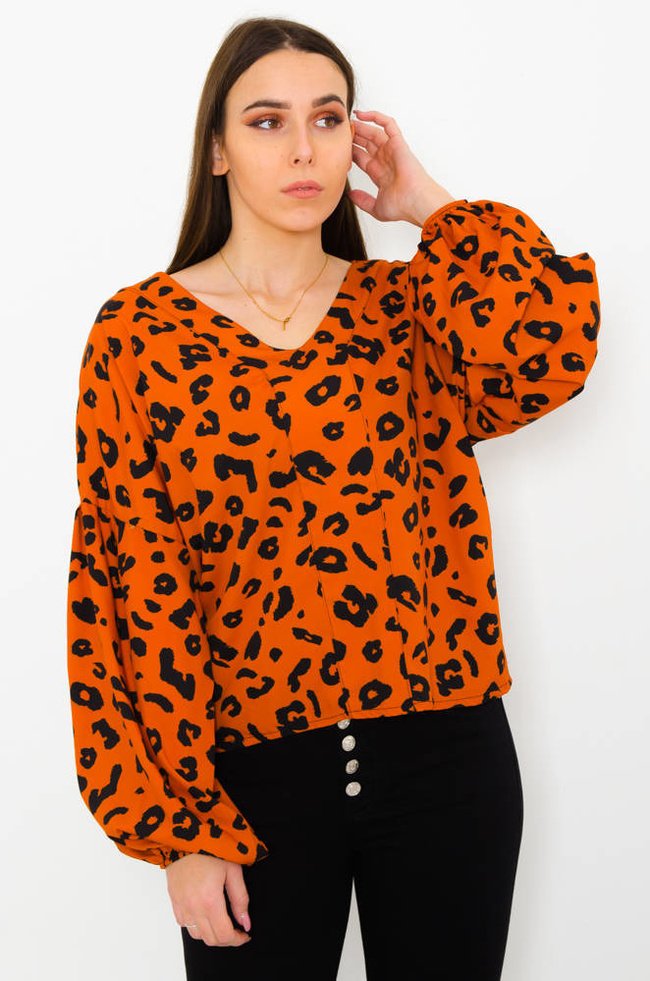 POMARAŃCZOWA BLUZKA W CĘTKI Z DEKOLTEM W  SZPIC
