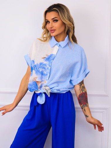 KOSZULA OVERSIZE Z KWIECISTYM NADRUKIEM- NIEBIESKA