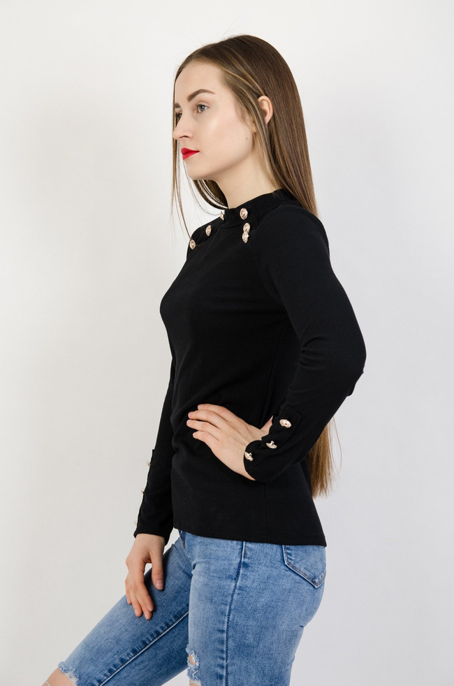 Czarna prążkowana bluzka ze złotymi guzikami