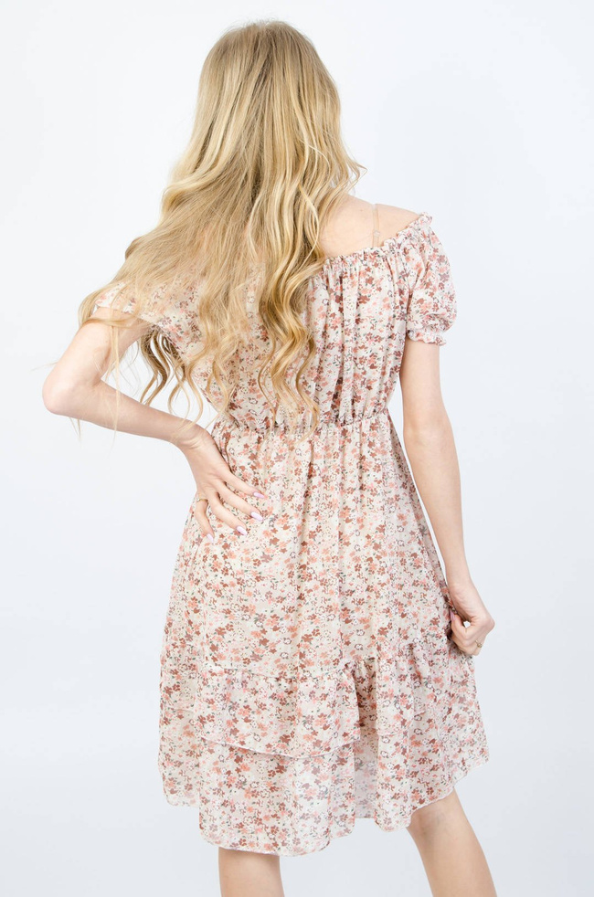 BEŻOWA SUKIENKA HISZPANKA Z KWIATOWYM WZOREM 