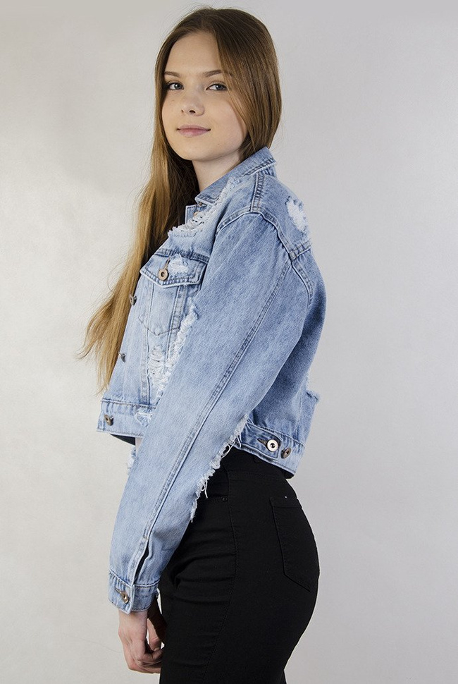 Jasna krótka kurtka jeansowa z dziurami
